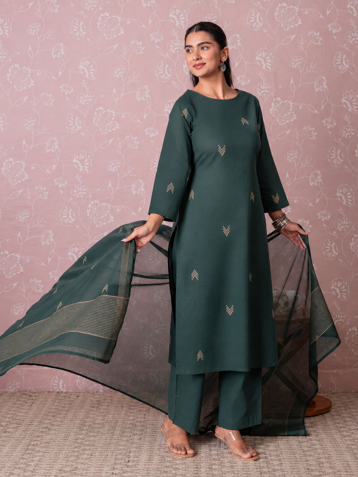 Soft Cotton Butta Straight Green Kurta