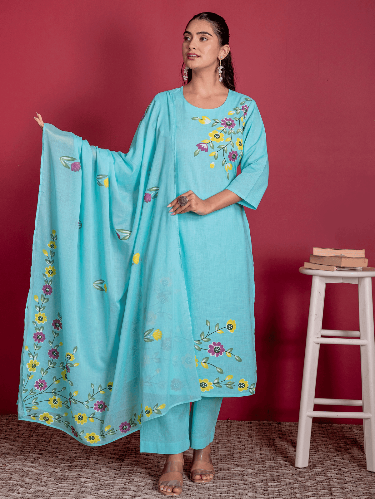 Cotton Voile Floral Sky Blue Dupatta