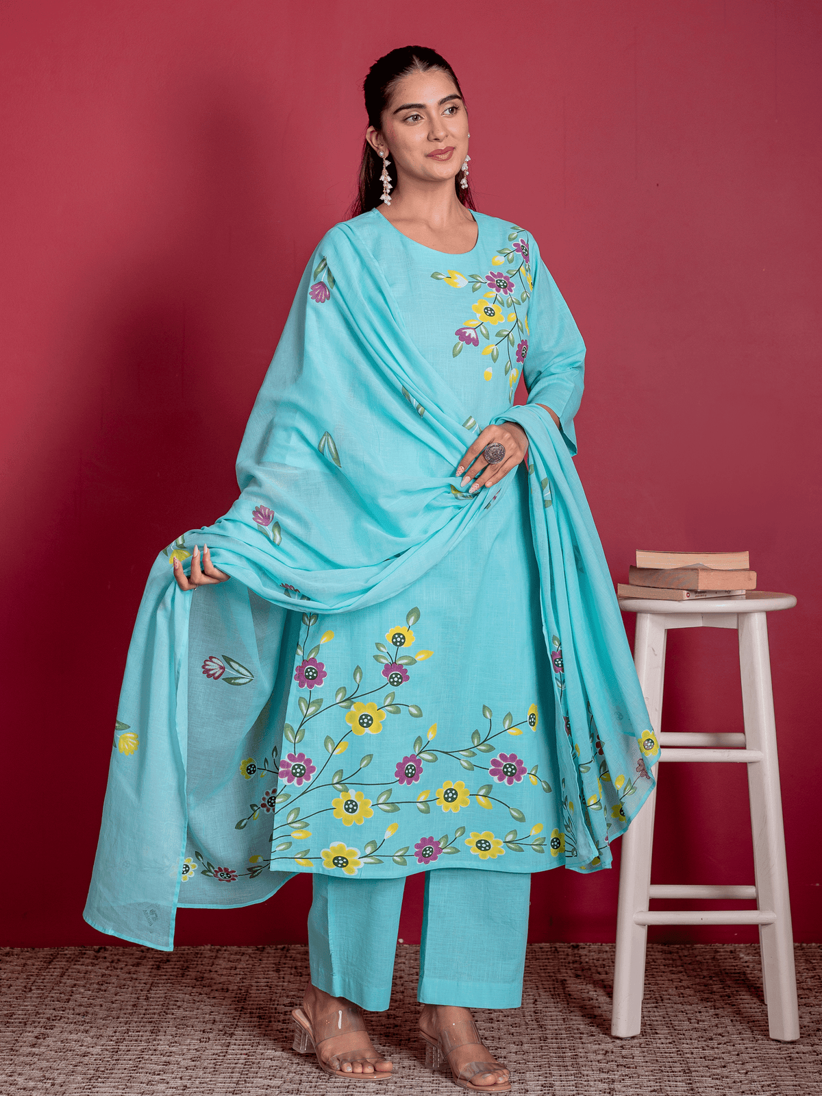 Cotton Voile Floral Sky Blue Dupatta