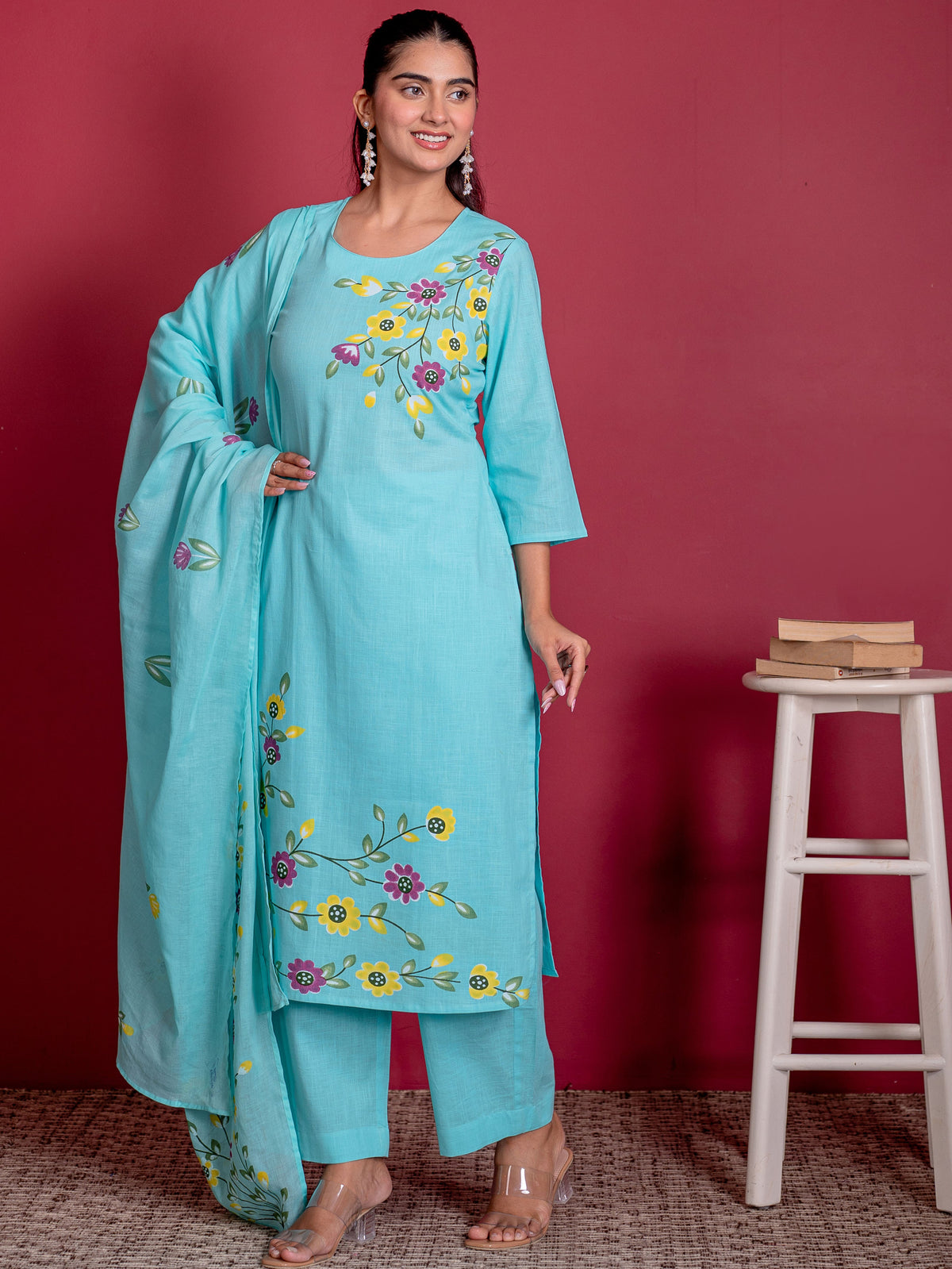 Cotton Voile Floral Sky Blue Dupatta