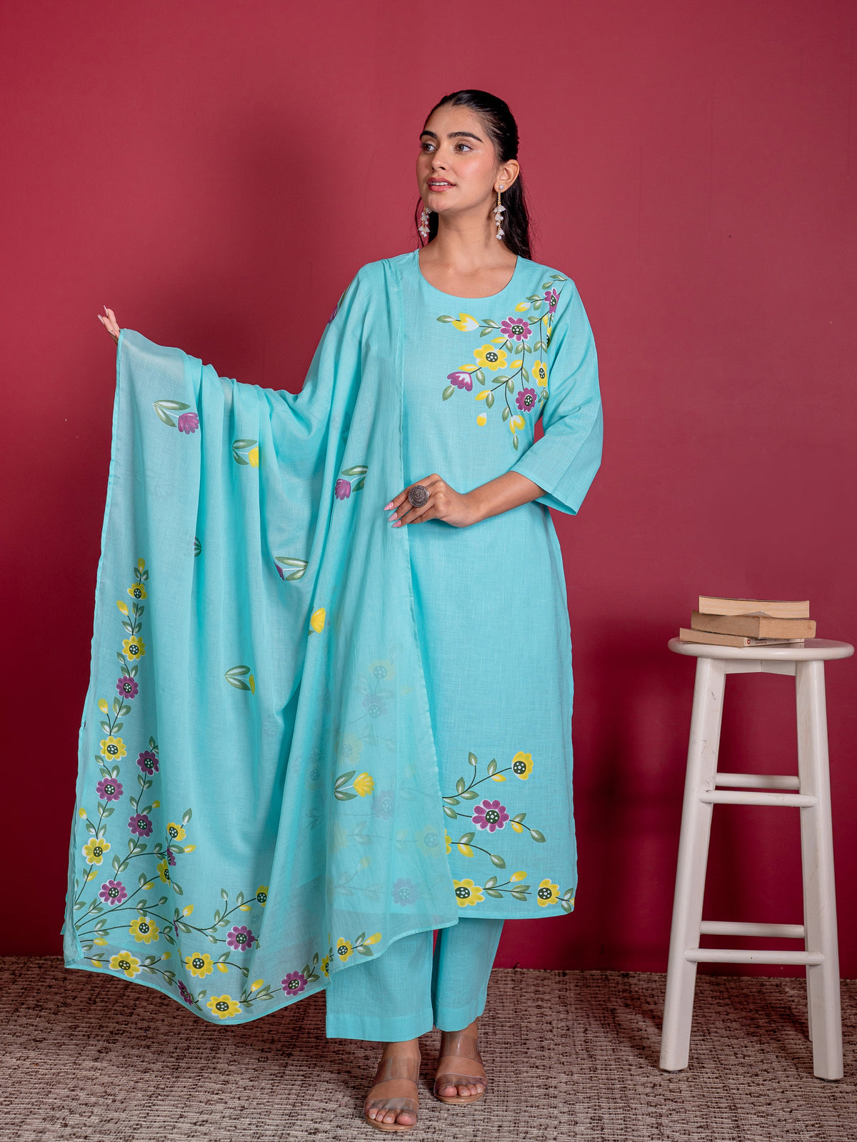 Slub Cotton Floral Straight Sky Blue Kurta