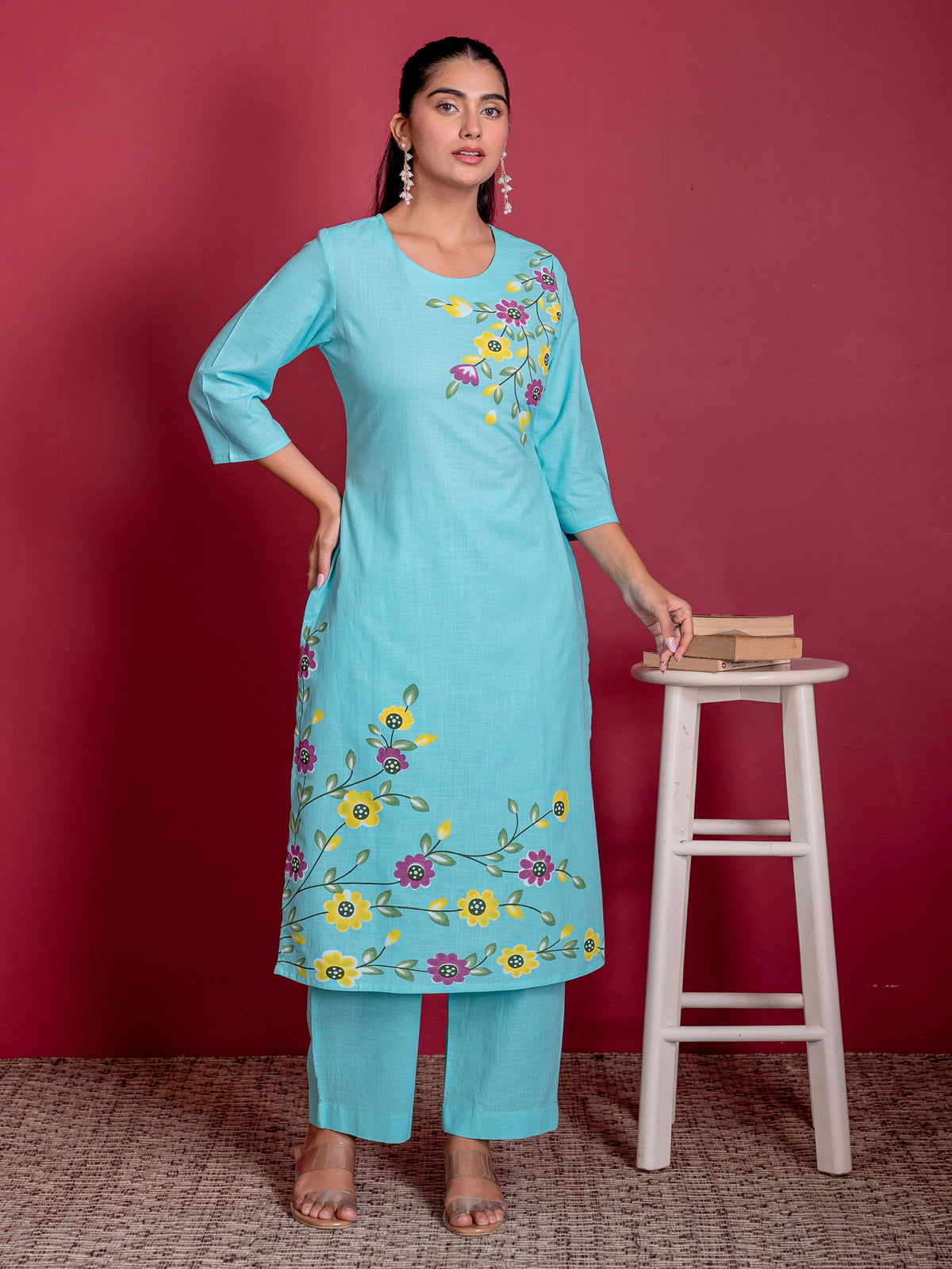Slub Cotton Floral Straight Sky Blue Kurta