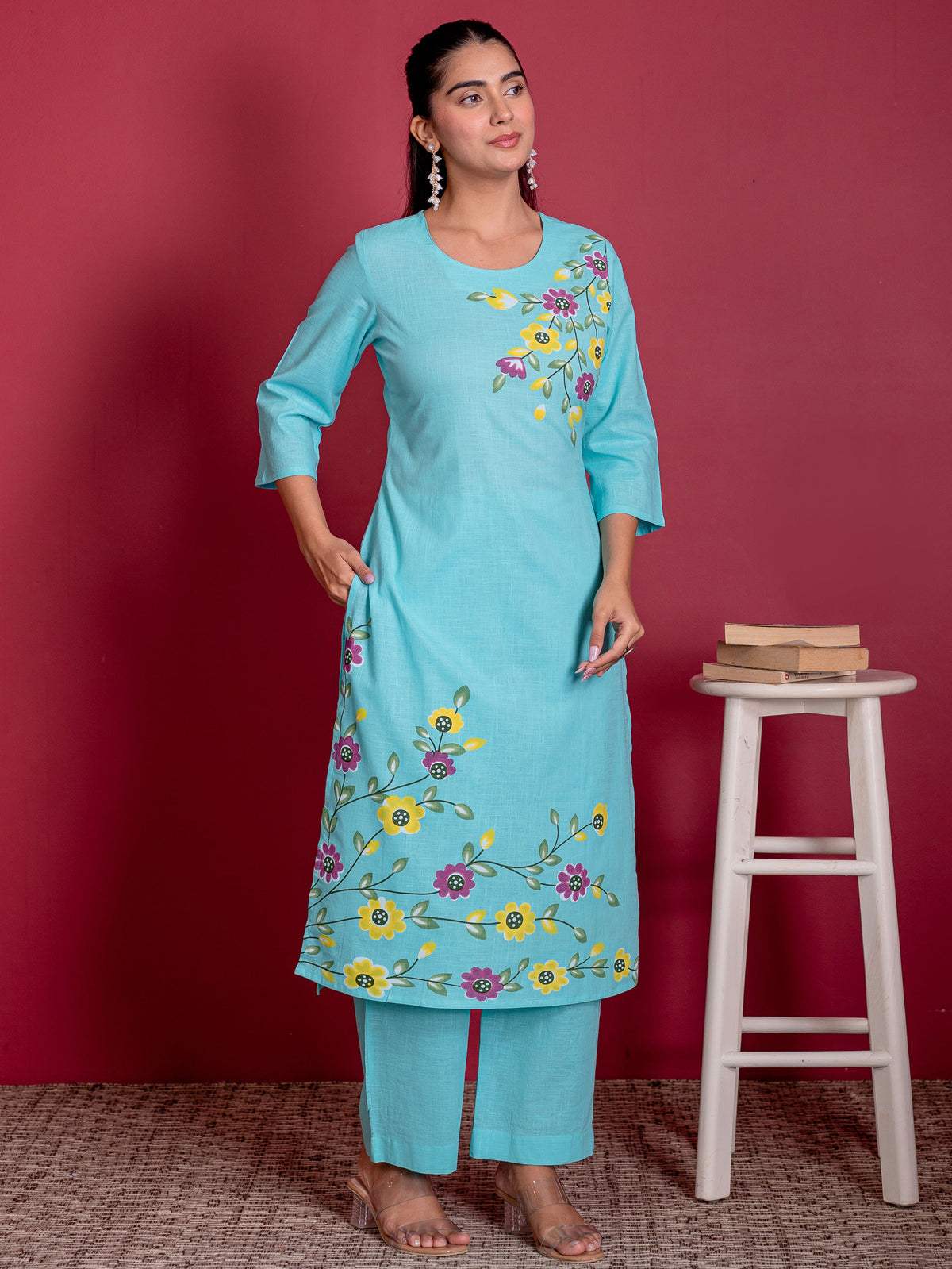 Slub Cotton Floral Straight Sky Blue Kurta