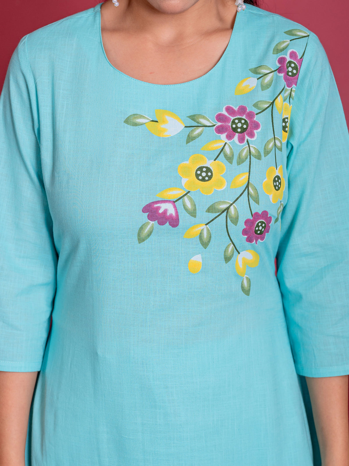 Slub Cotton Floral Straight Sky Blue Kurta