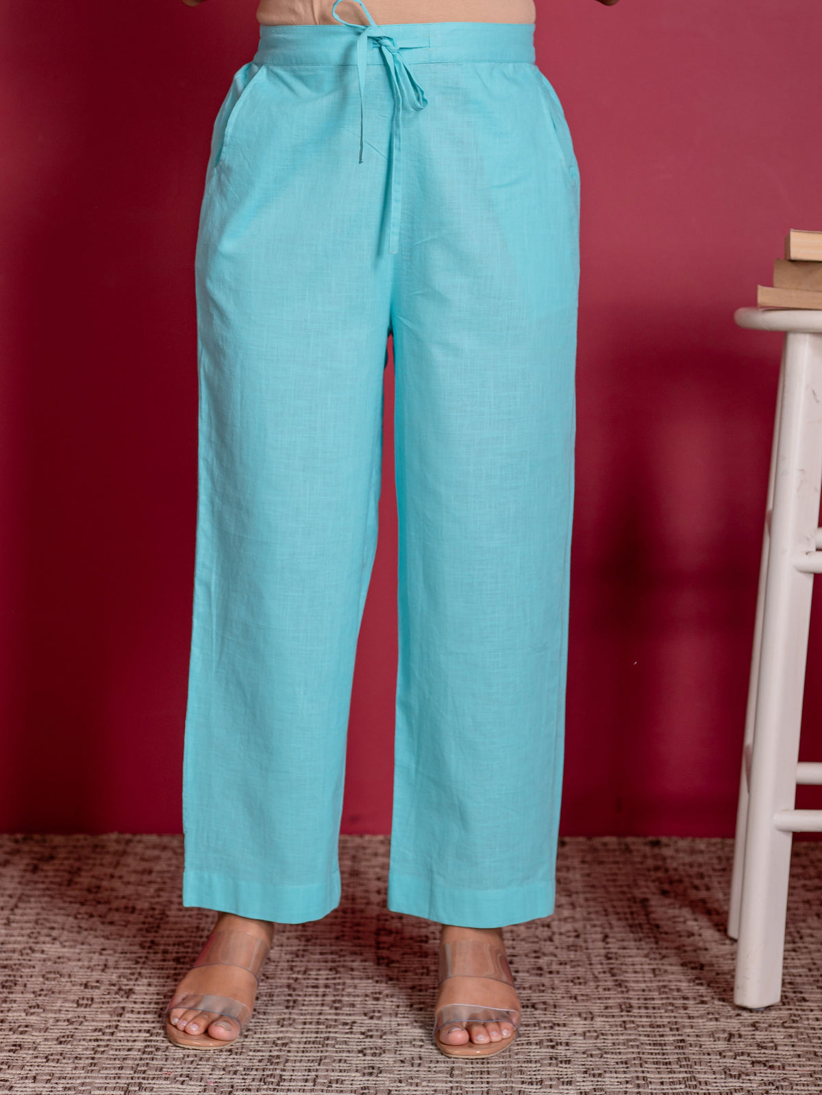 Slub Cotton Floral Straight Sky Blue Kurta