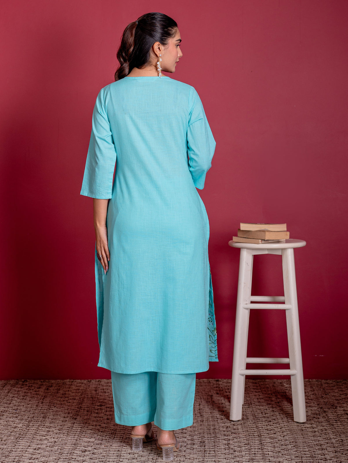 Slub Cotton Floral Straight Sky Blue Kurta