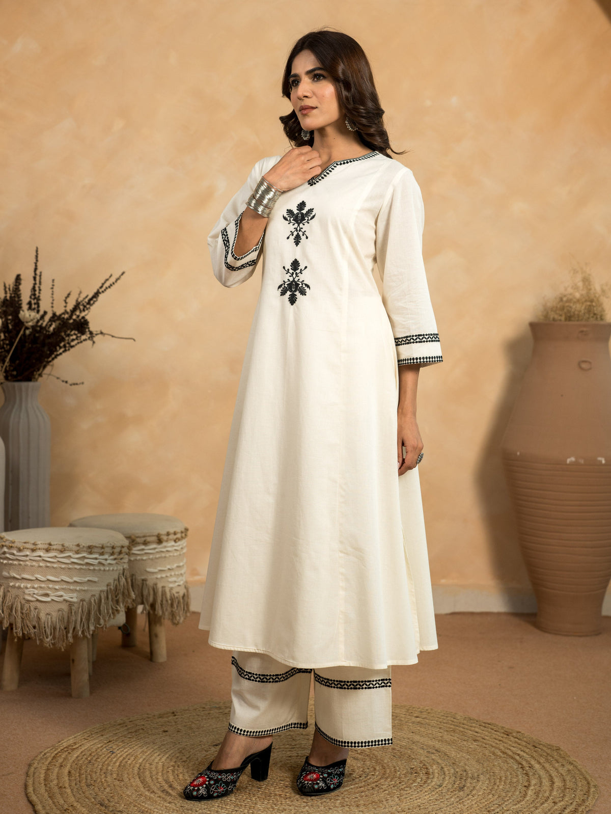 Embroidered Linen Cotton Solid A-Line Off-White Kurta