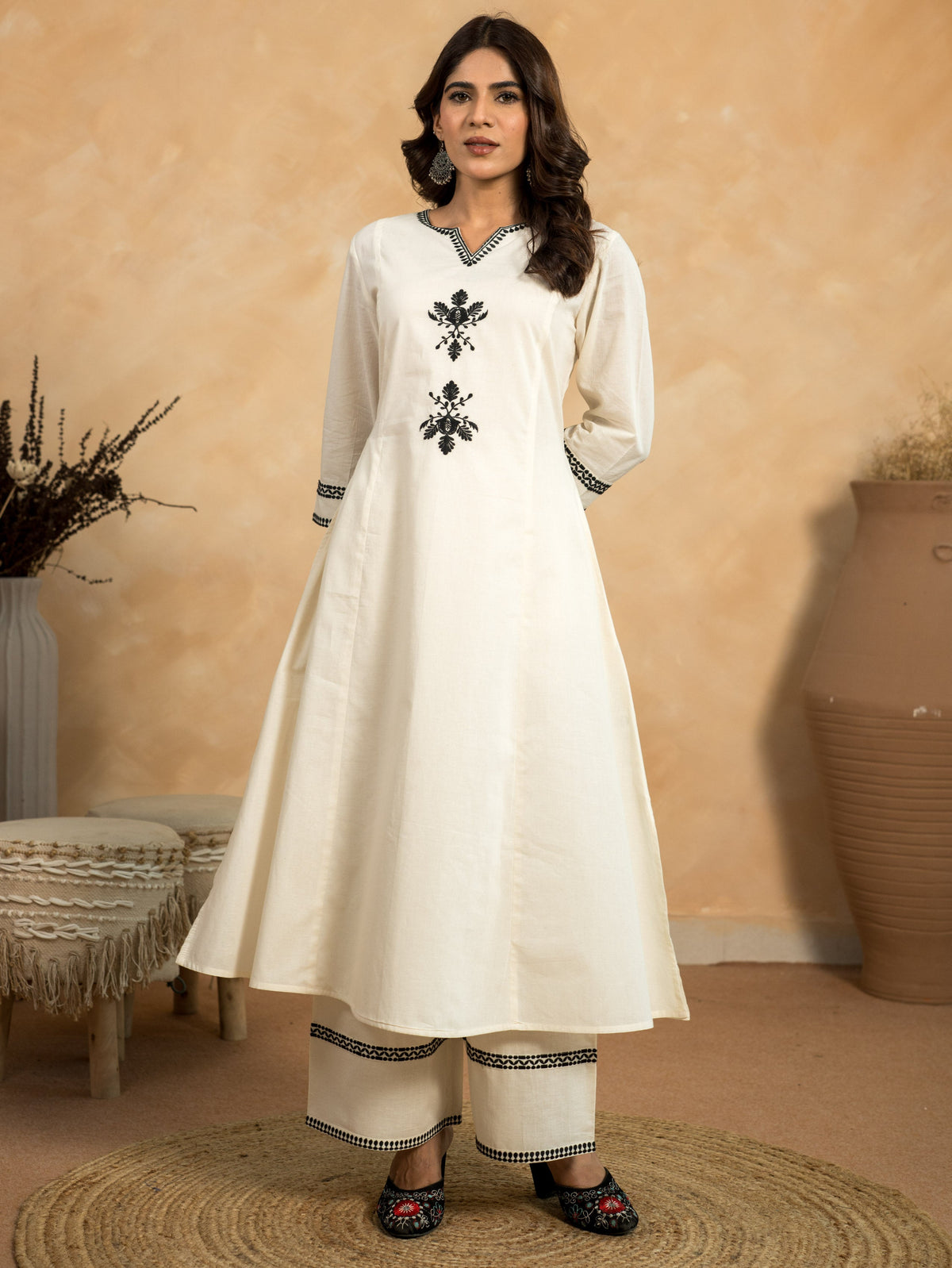 Embroidered Linen Cotton Solid A-Line Off-White Kurta
