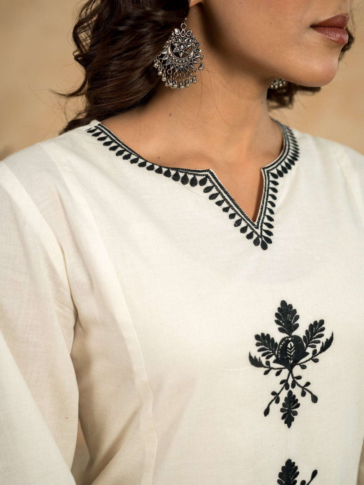 Embroidered Linen Cotton Solid A-Line Off-White Kurta