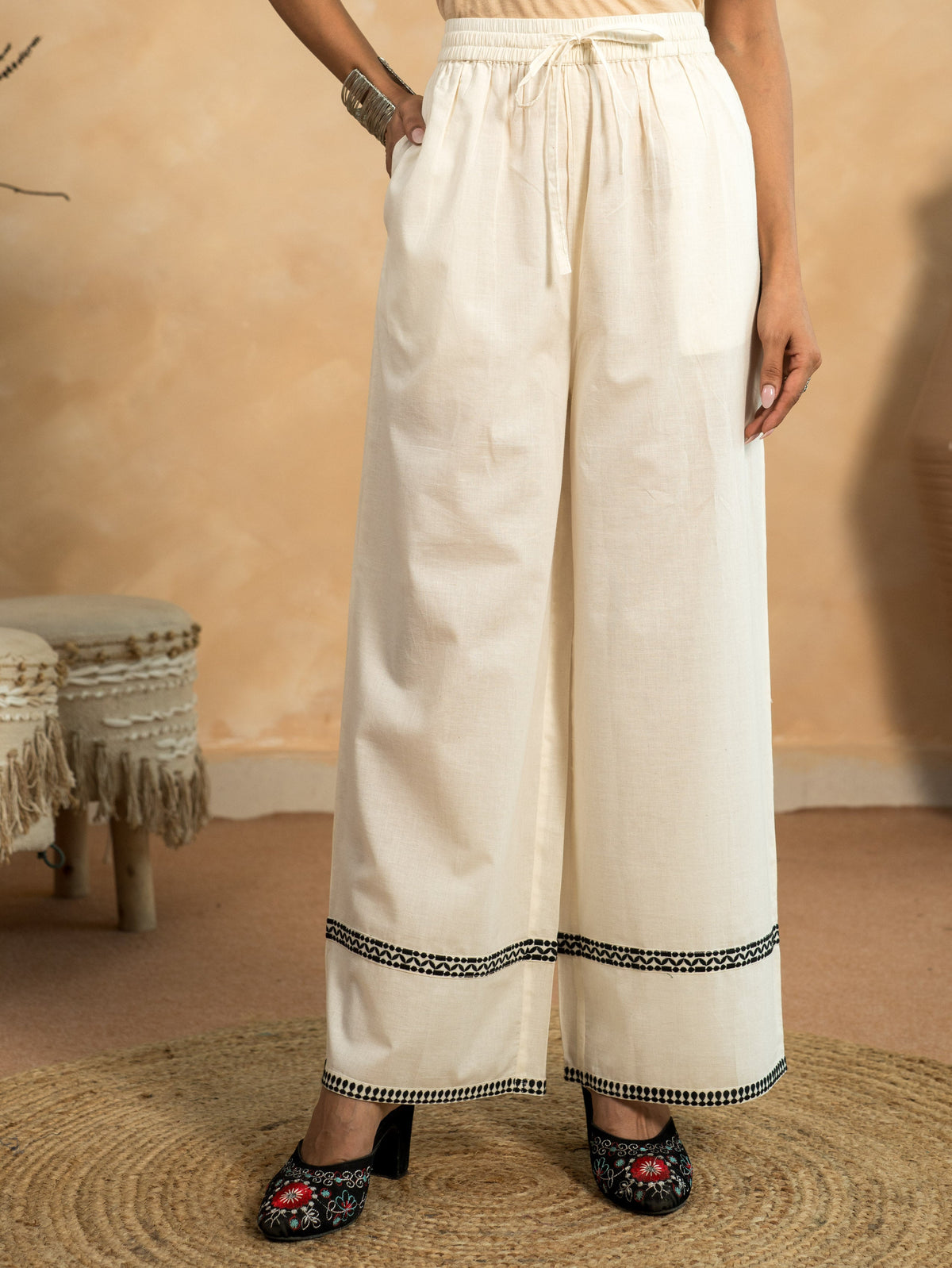 Embroidered Linen Cotton Solid A-Line Off-White Kurta