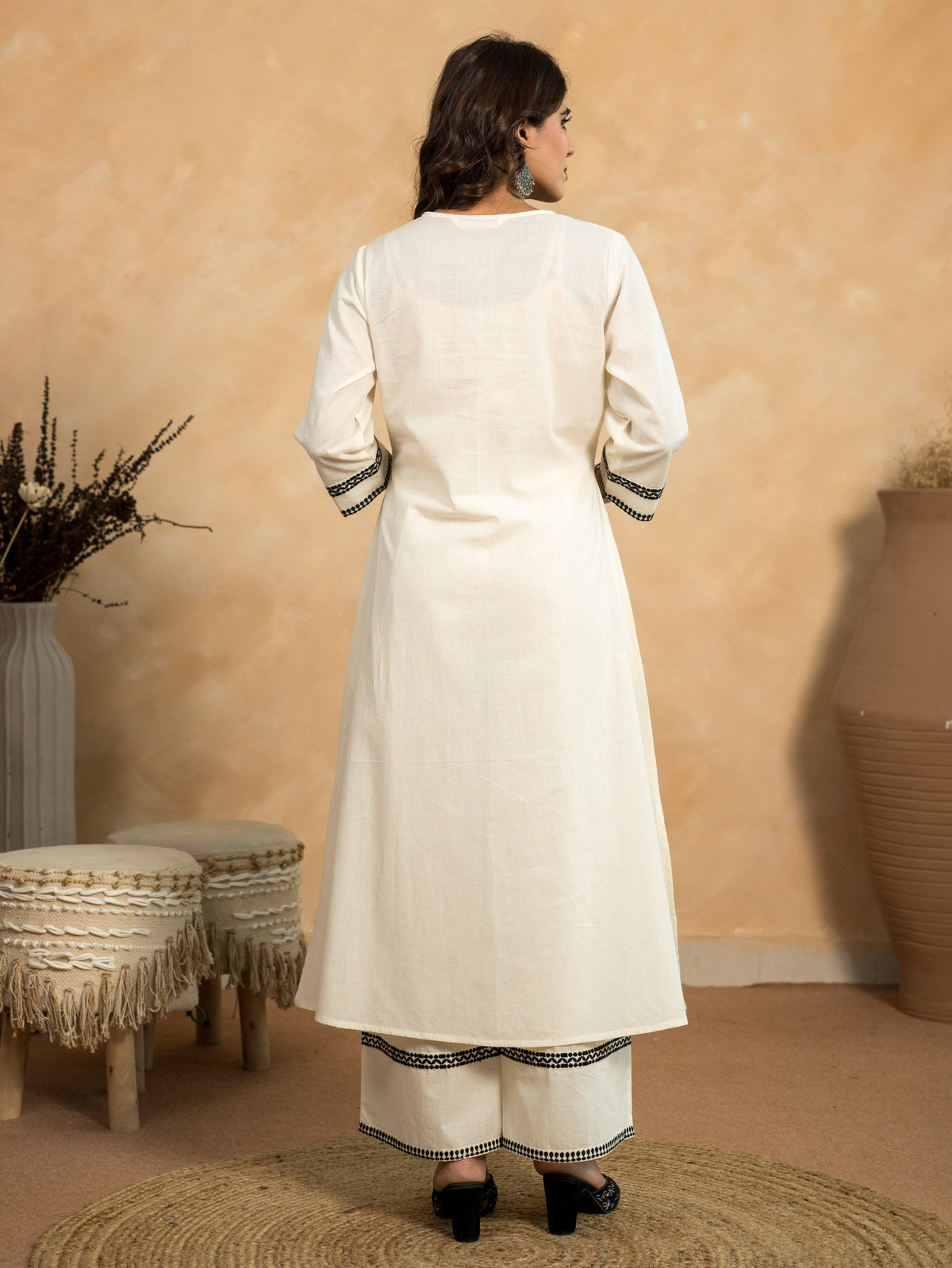 Embroidered Linen Cotton Solid A-Line Off-White Kurta