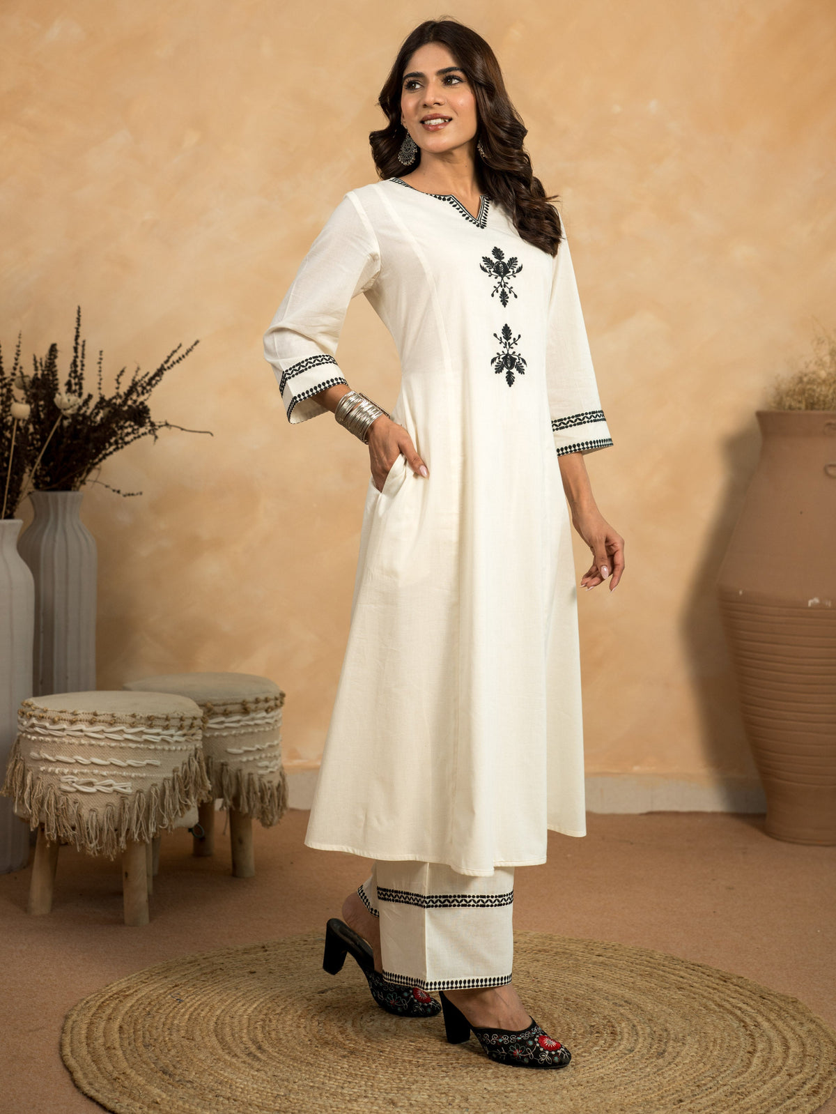 Embroidered Linen Cotton Solid A-Line Off-White Kurta