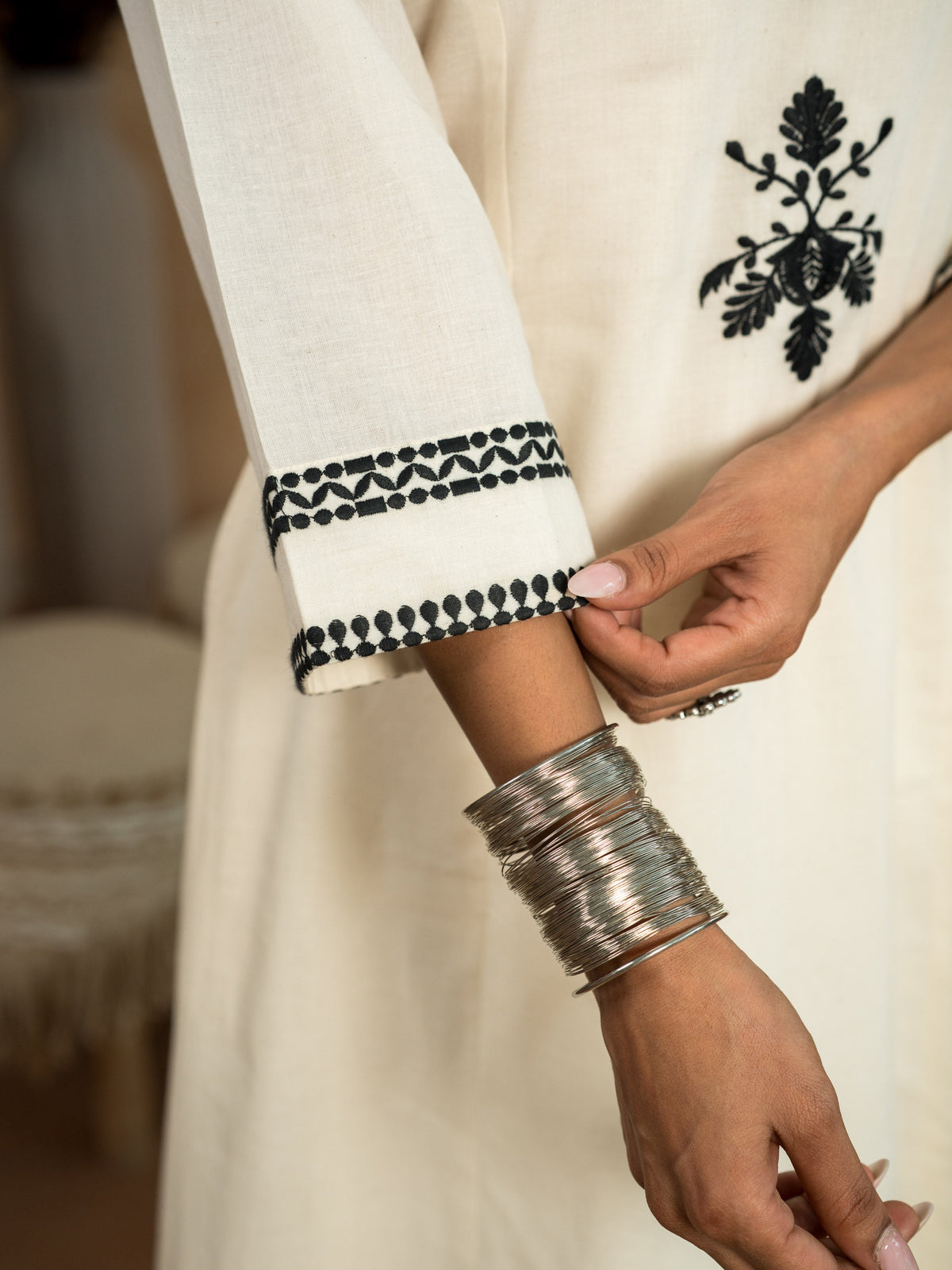 Embroidered Linen Cotton Solid A-Line Off-White Kurta