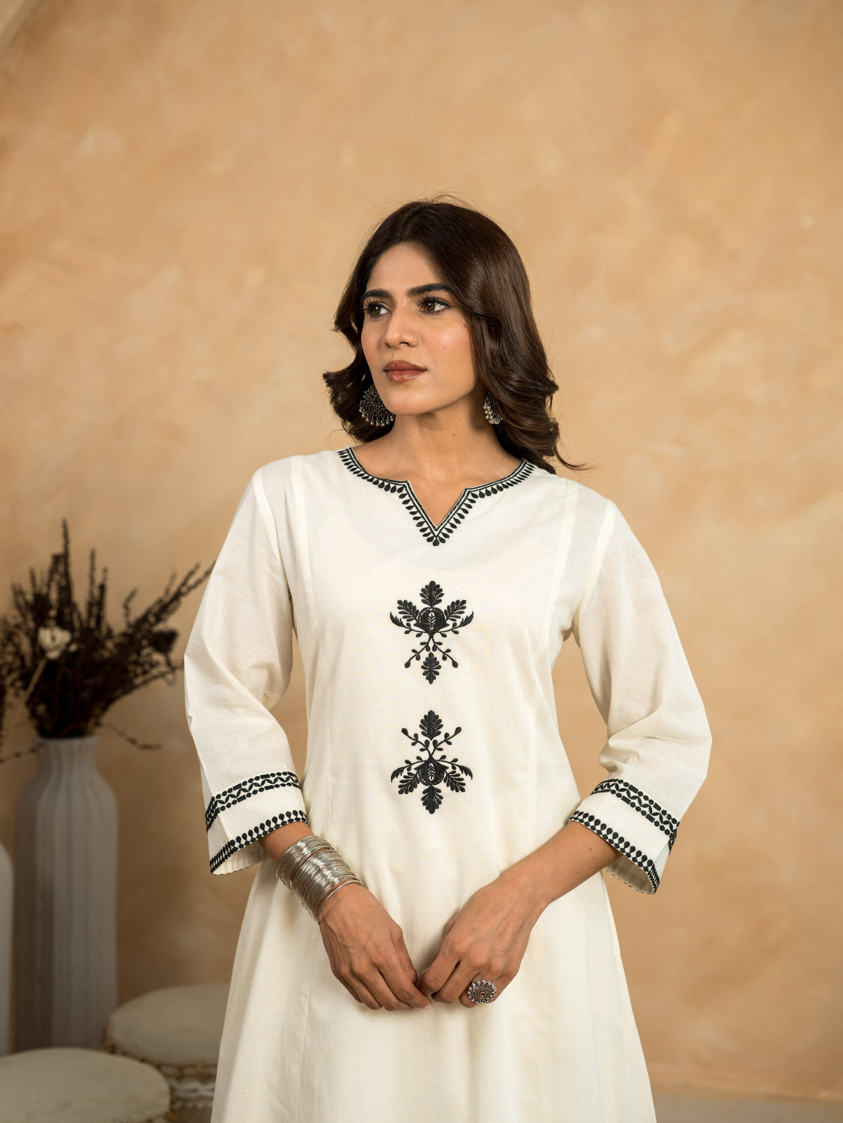 Embroidered Linen Cotton Solid A-Line Off-White Kurta