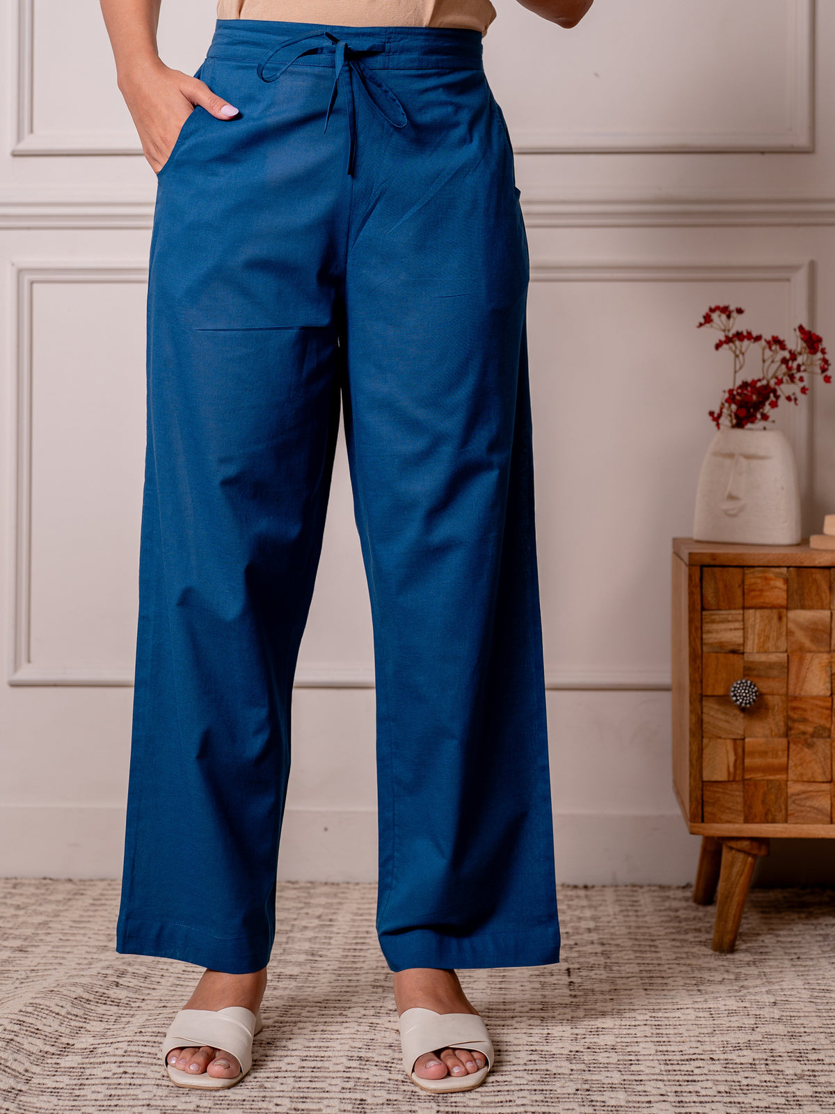 Soft cotton Solid Indigo blue straight Trousers