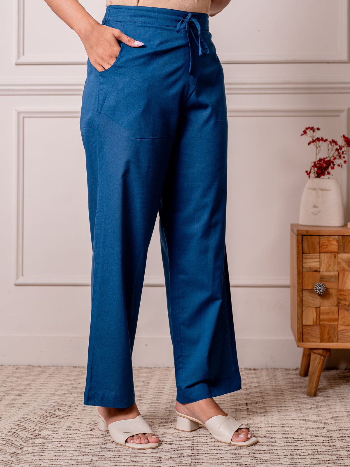 Soft cotton Solid Indigo blue straight Trousers