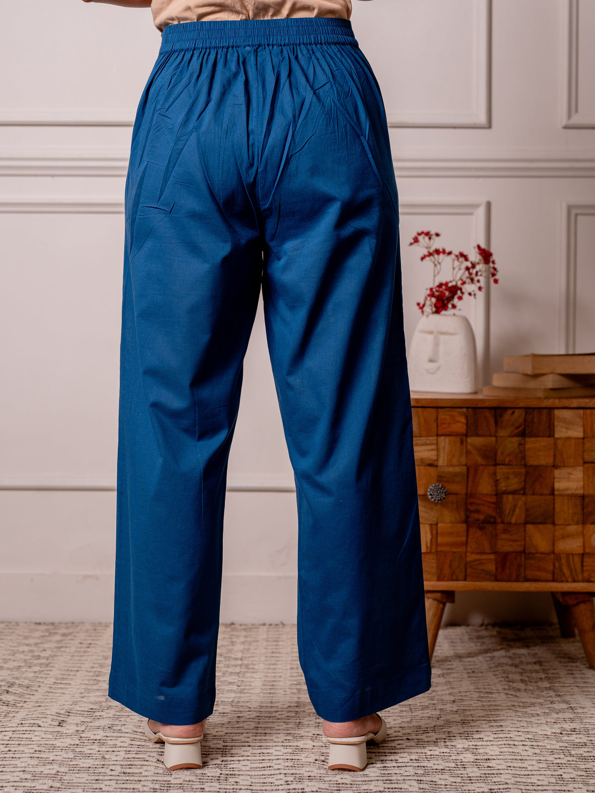 Soft cotton Solid Indigo blue straight Trousers