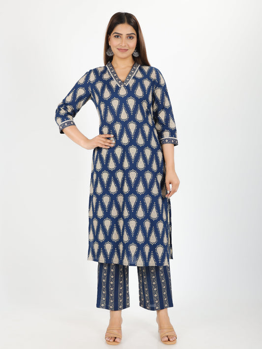 Soft Cotton Paisley Straight Blue Kurta