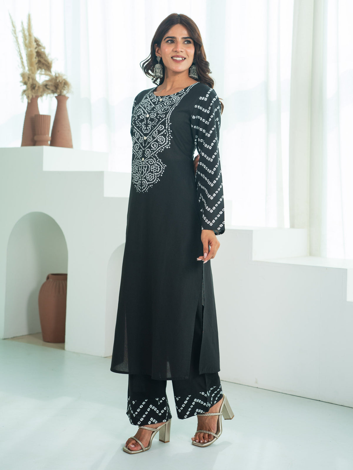 Soft Cotton Bandhani Straight Black Kurta