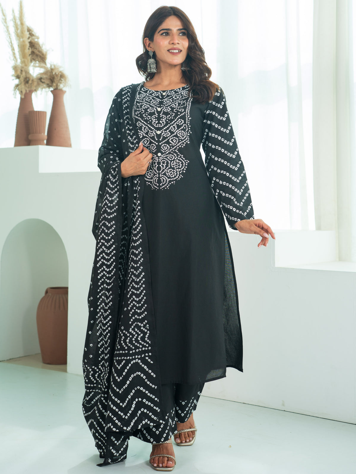 Soft Cotton Bandhani Straight Black Kurta