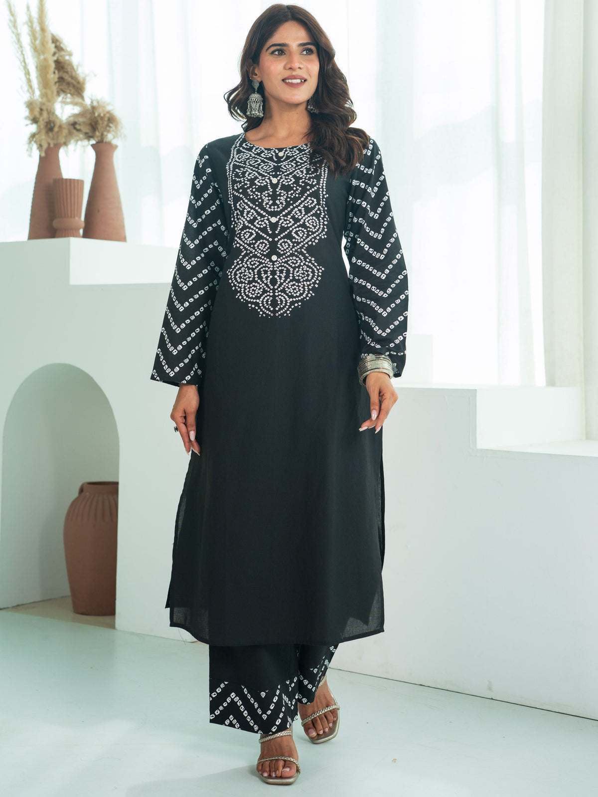 Soft Cotton Bandhani Straight Black Kurta