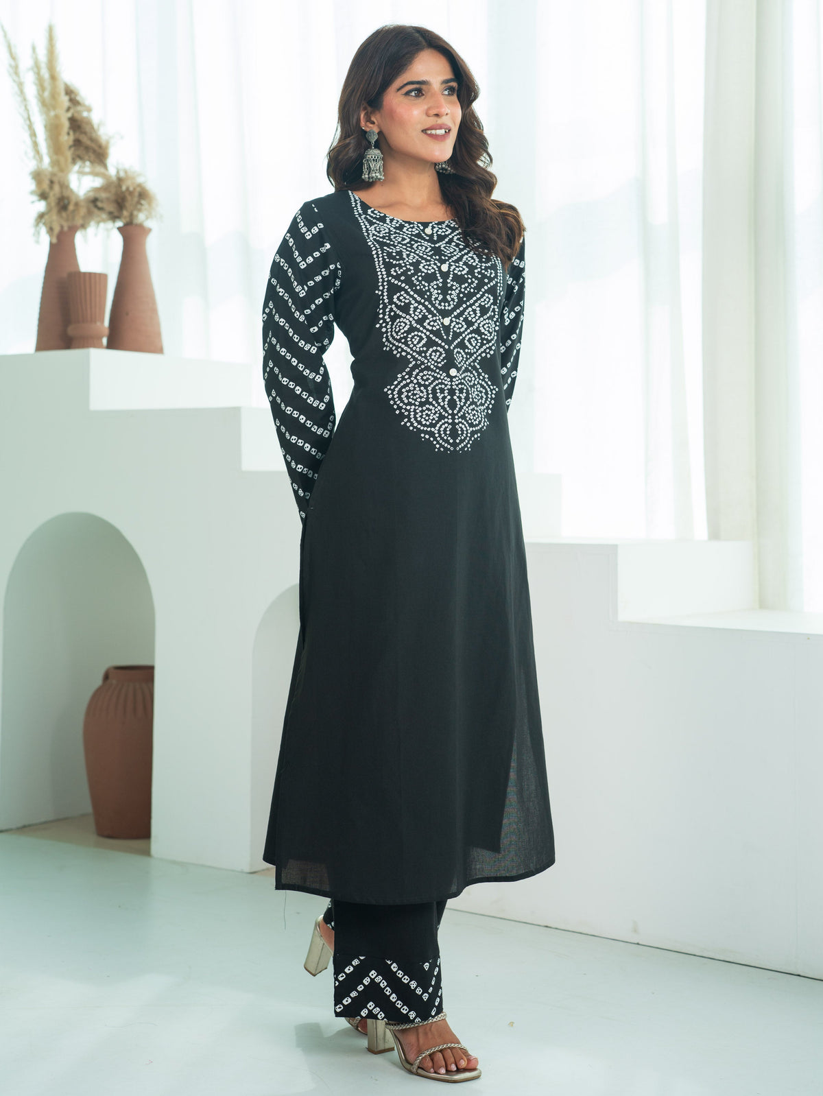 Soft Cotton Bandhani Straight Black Kurta