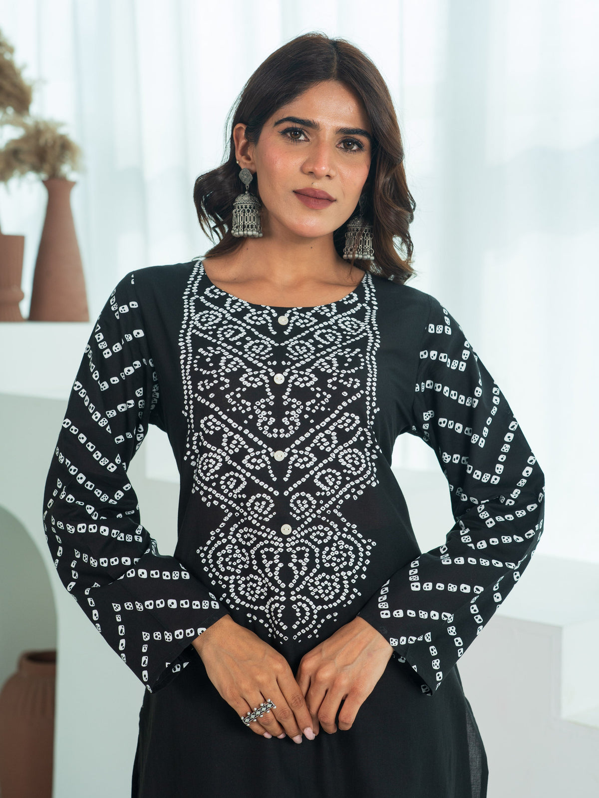 Soft Cotton Bandhani Straight Black Kurta