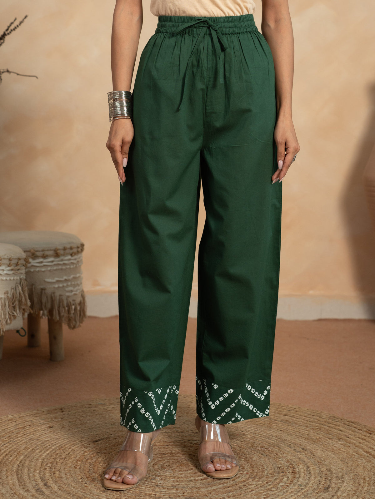 Soft Cotton Solid Green Straight Trousers