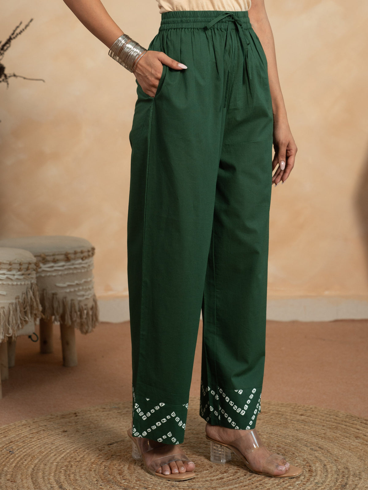 Soft Cotton Solid Green Straight Trousers