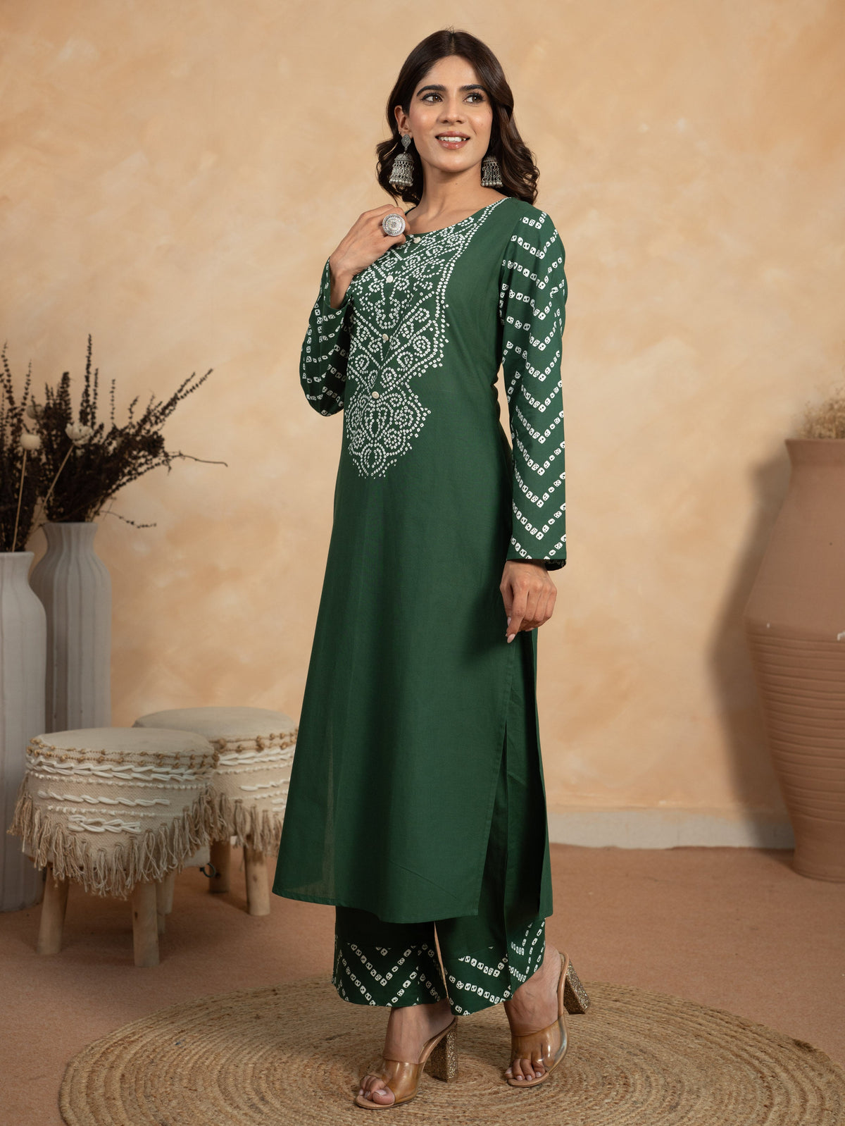 Soft Cotton Bandhani Straight Green Kurta