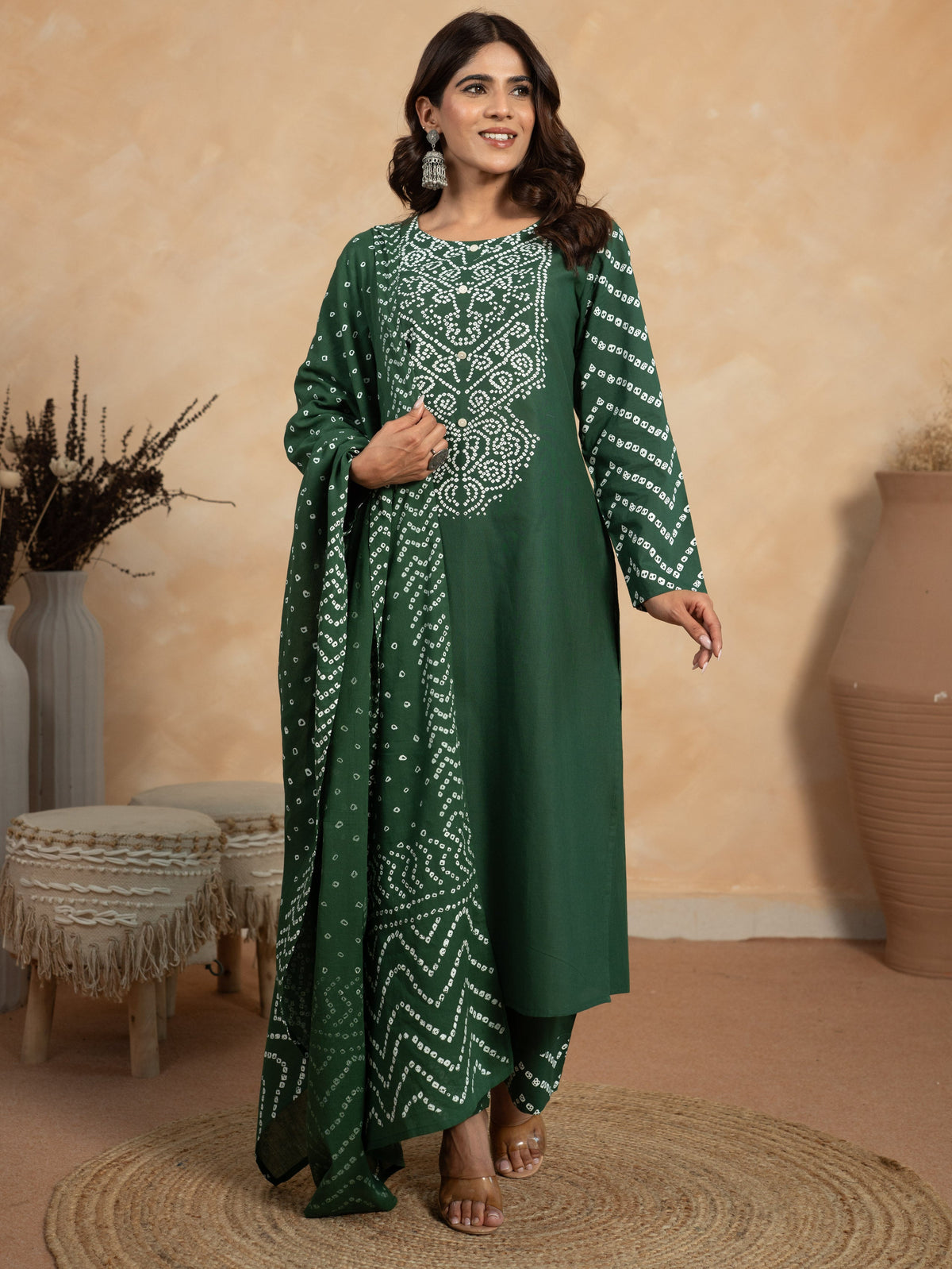 Soft Cotton Bandhani Straight Green Kurta