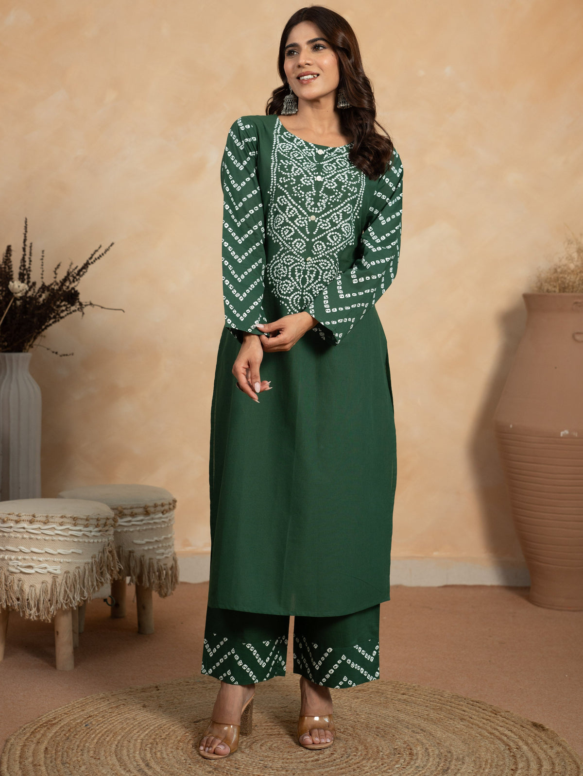 Soft Cotton Bandhani Straight Green Kurta