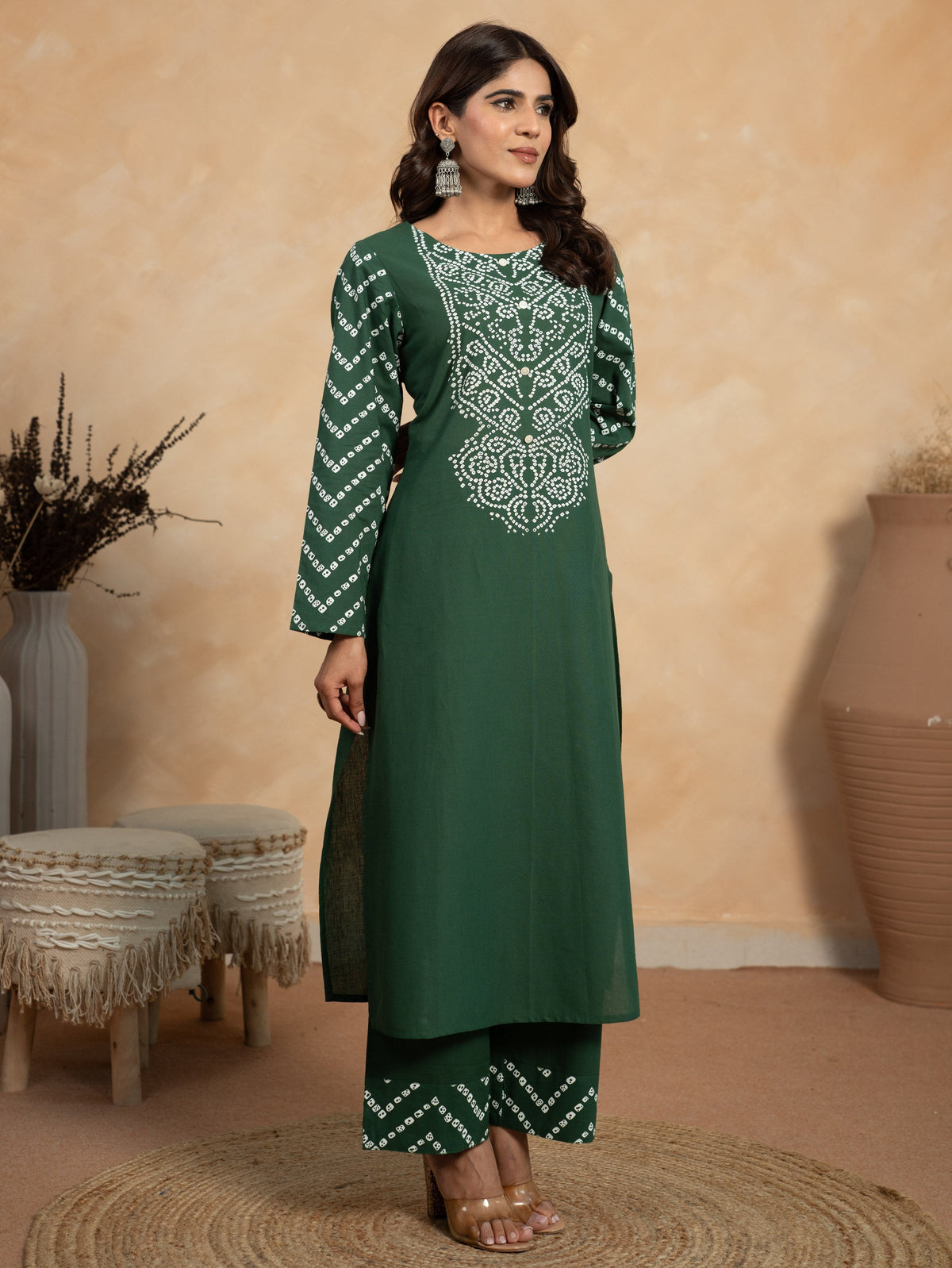 Soft Cotton Bandhani Straight Green Kurta