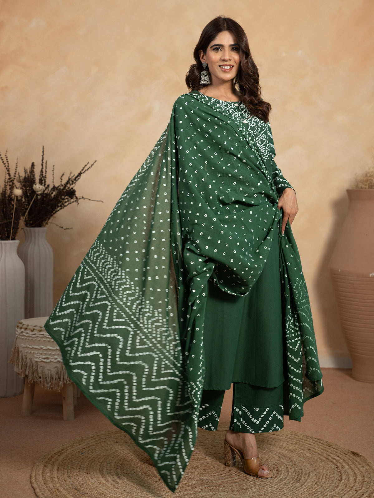 Soft Cotton Bandhani Straight Green Kurta