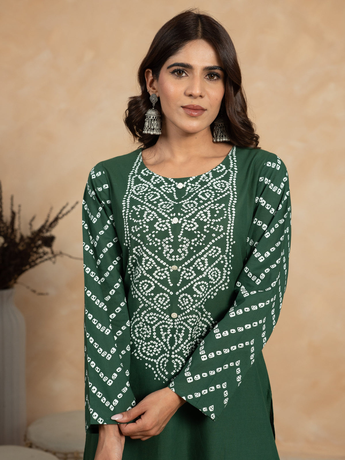 Soft Cotton Bandhani Straight Green Kurta