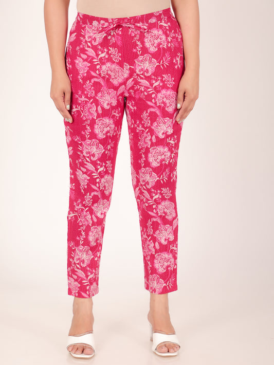 Kantha Cotton Floral Red Tapered Trousers
