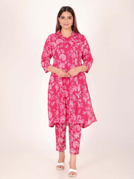 Kantha Cotton Floral High Low Red Kurta