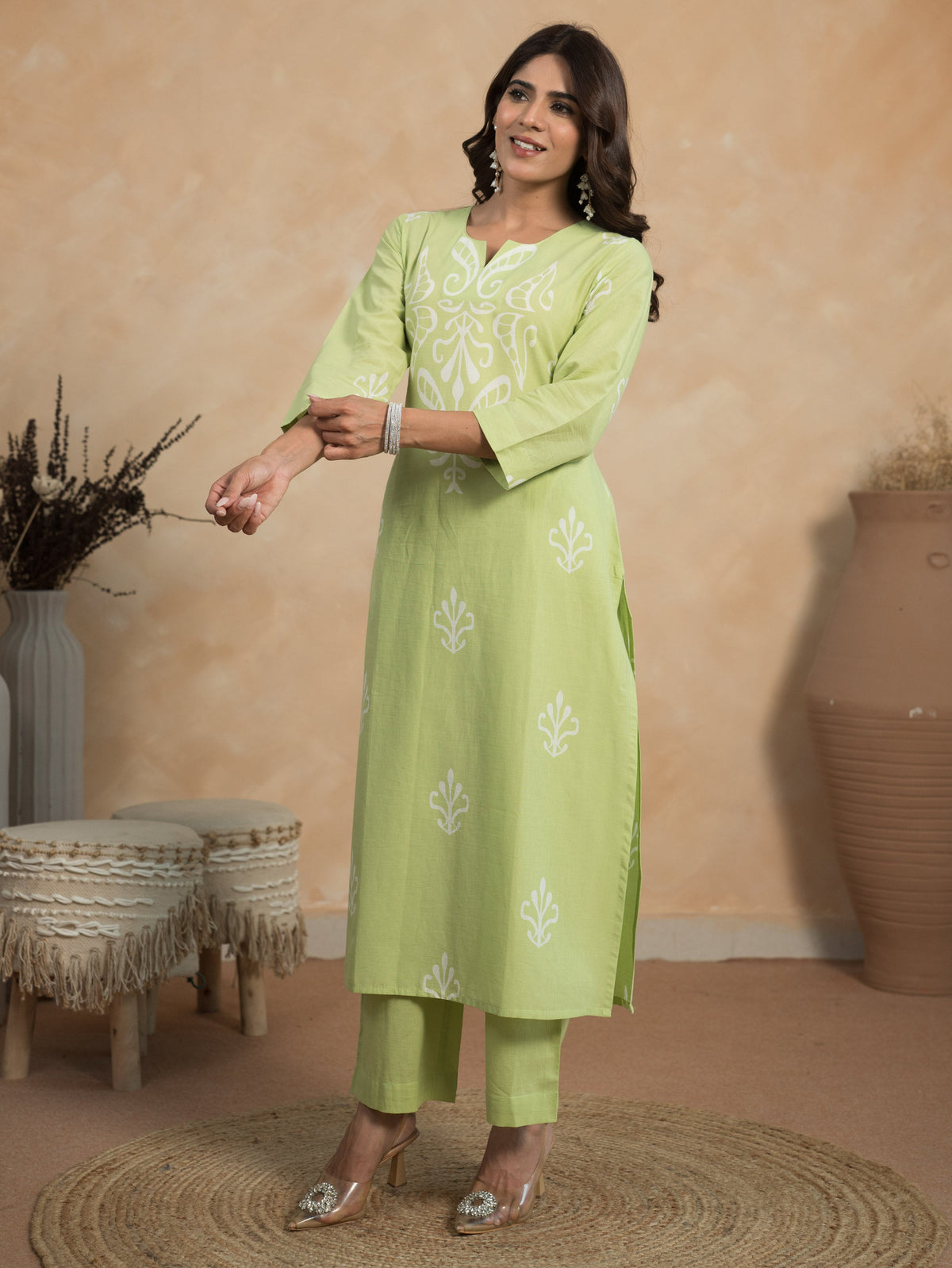 Embroidered Soft Cotton Ikat Straight Green Kurta