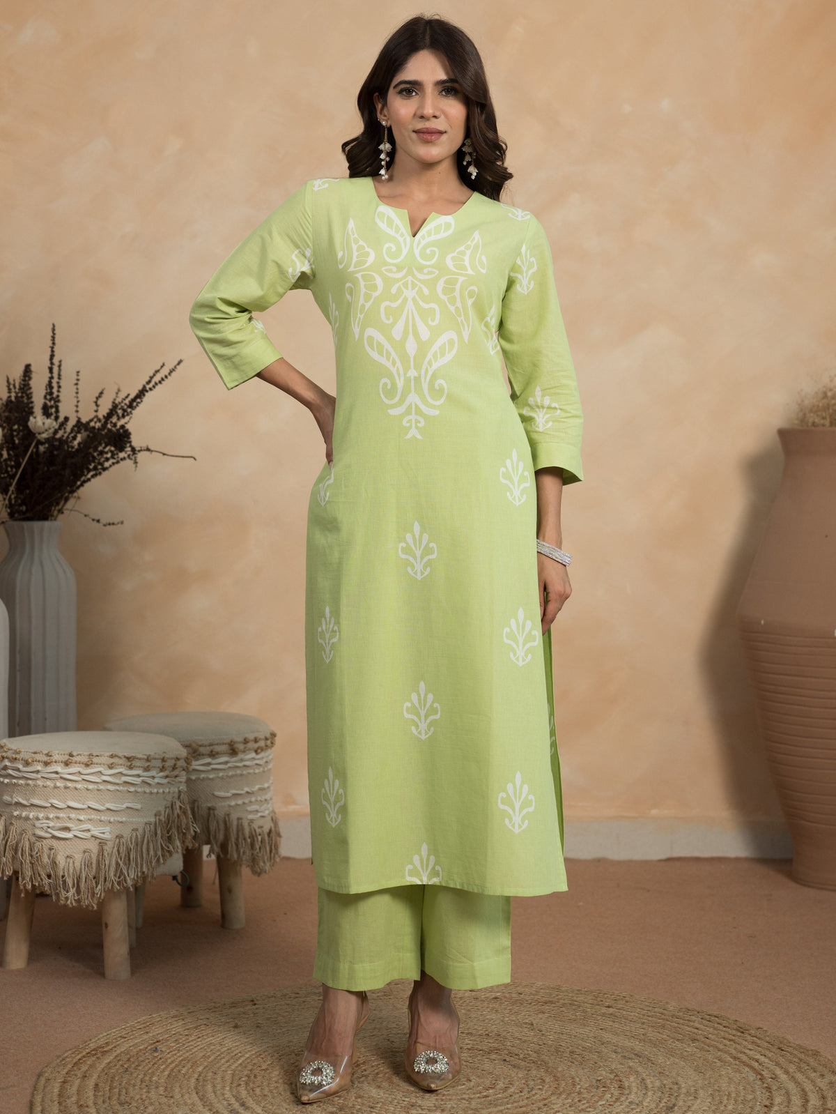 Embroidered Soft Cotton Ikat Straight Green Kurta