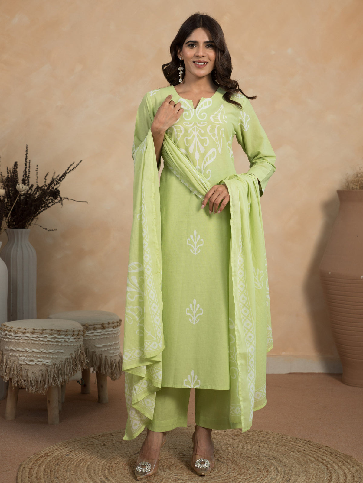 Embroidered Soft Cotton Ikat Straight Green Kurta
