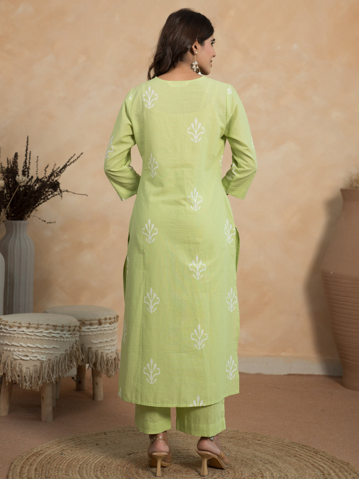 Embroidered Soft Cotton Ikat Straight Green Kurta