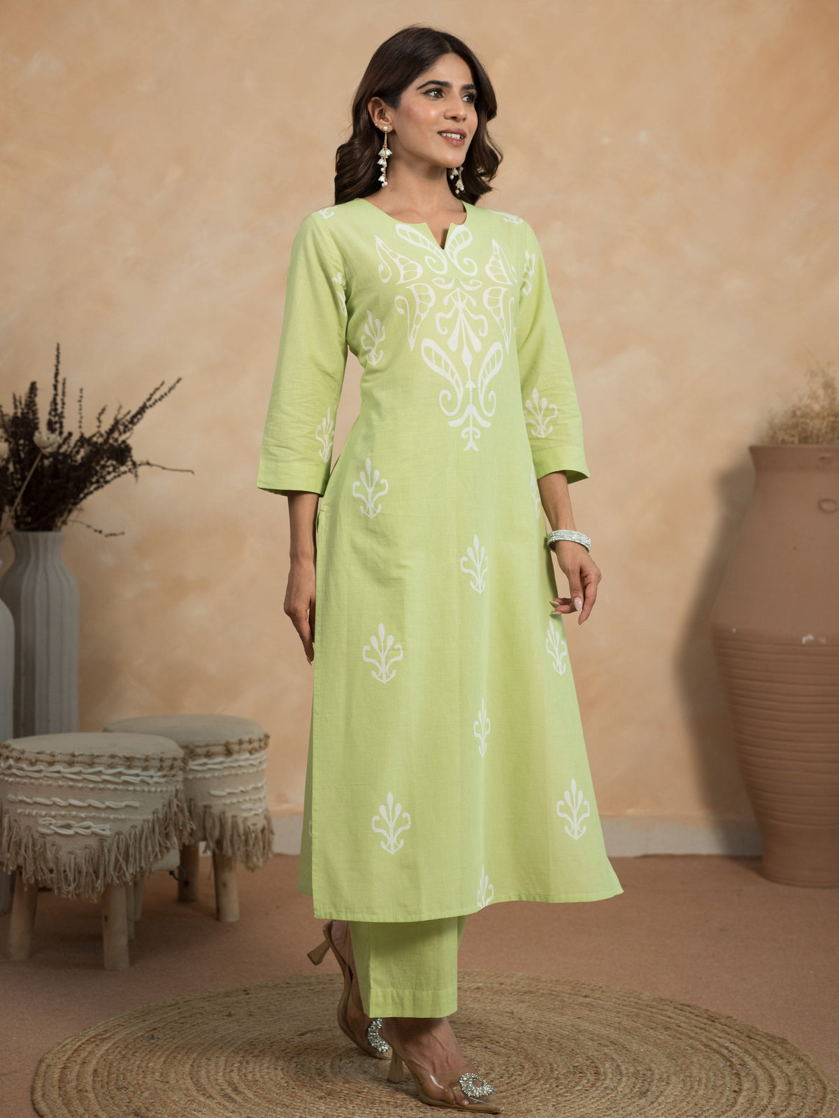 Embroidered Soft Cotton Ikat Straight Green Kurta