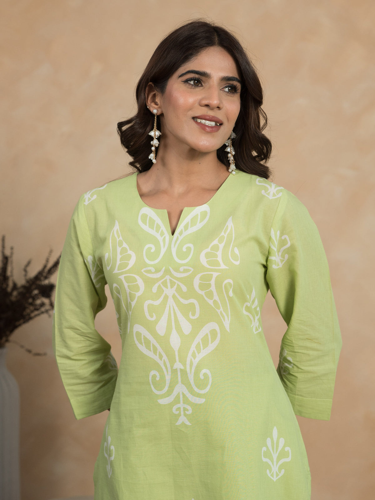 Embroidered Soft Cotton Ikat Straight Green Kurta