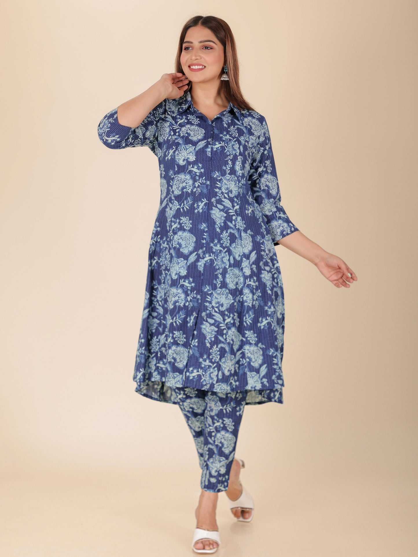 Kantha Cotton Floral High Low Blue Kurta