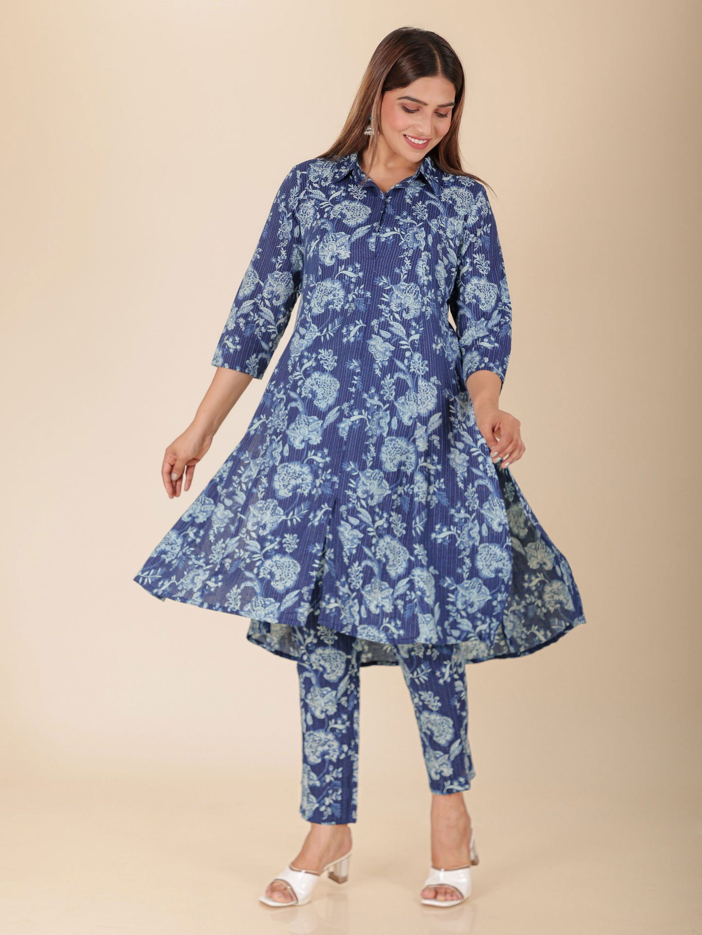 Kantha Cotton Floral High Low Blue Kurta