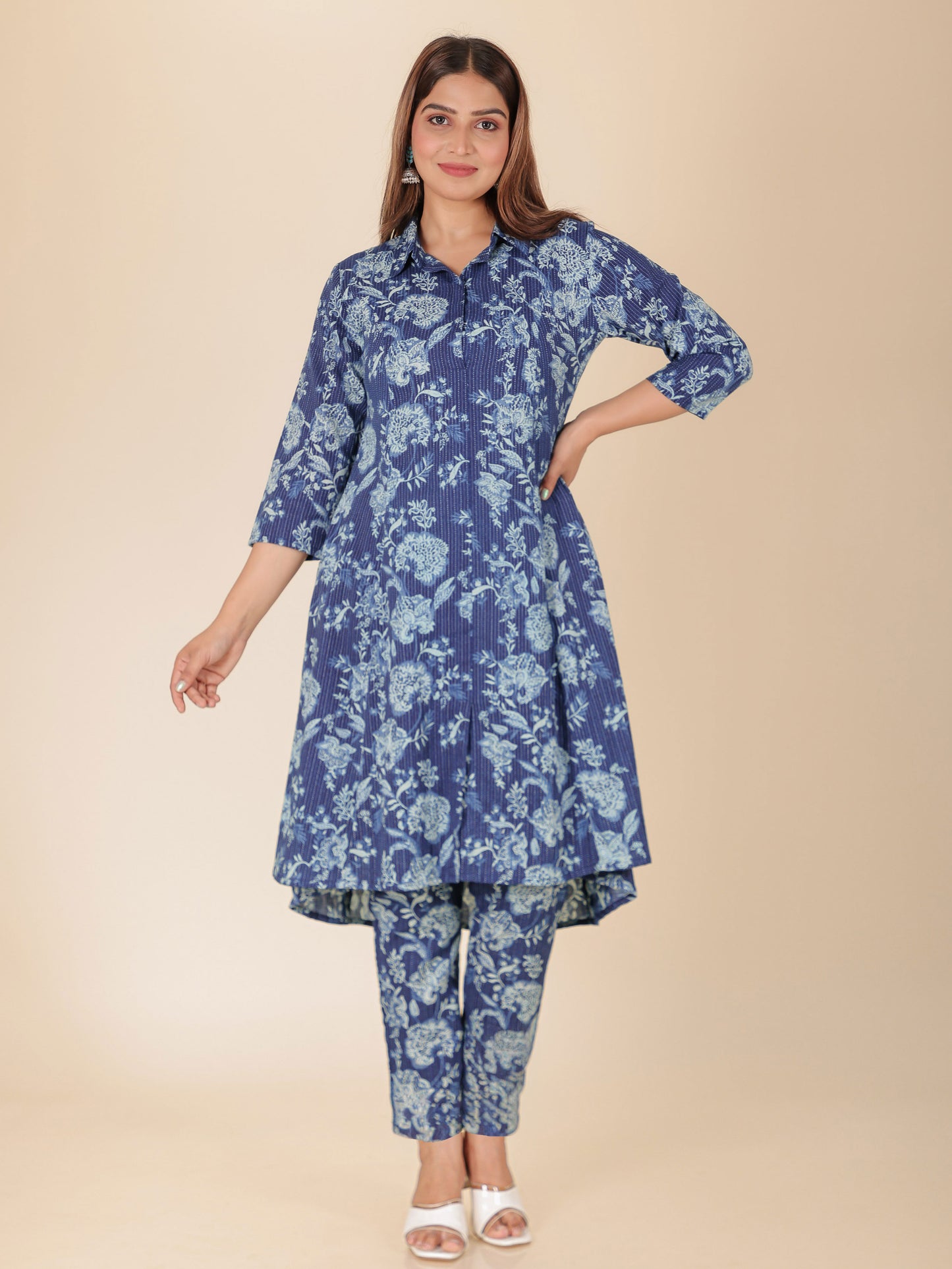Kantha Cotton Floral High Low Blue Kurta