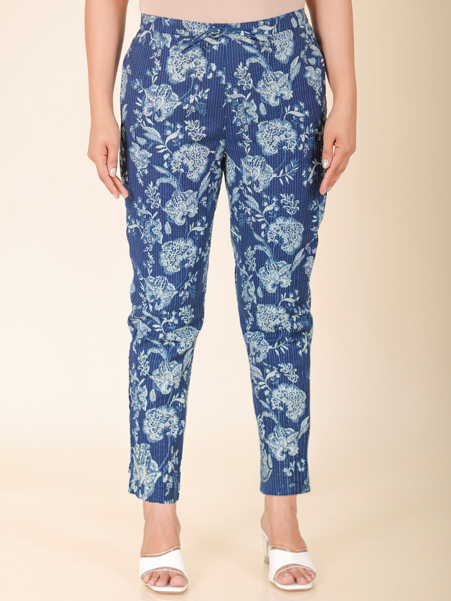 Kantha Cotton Floral Blue Tapered Trousers