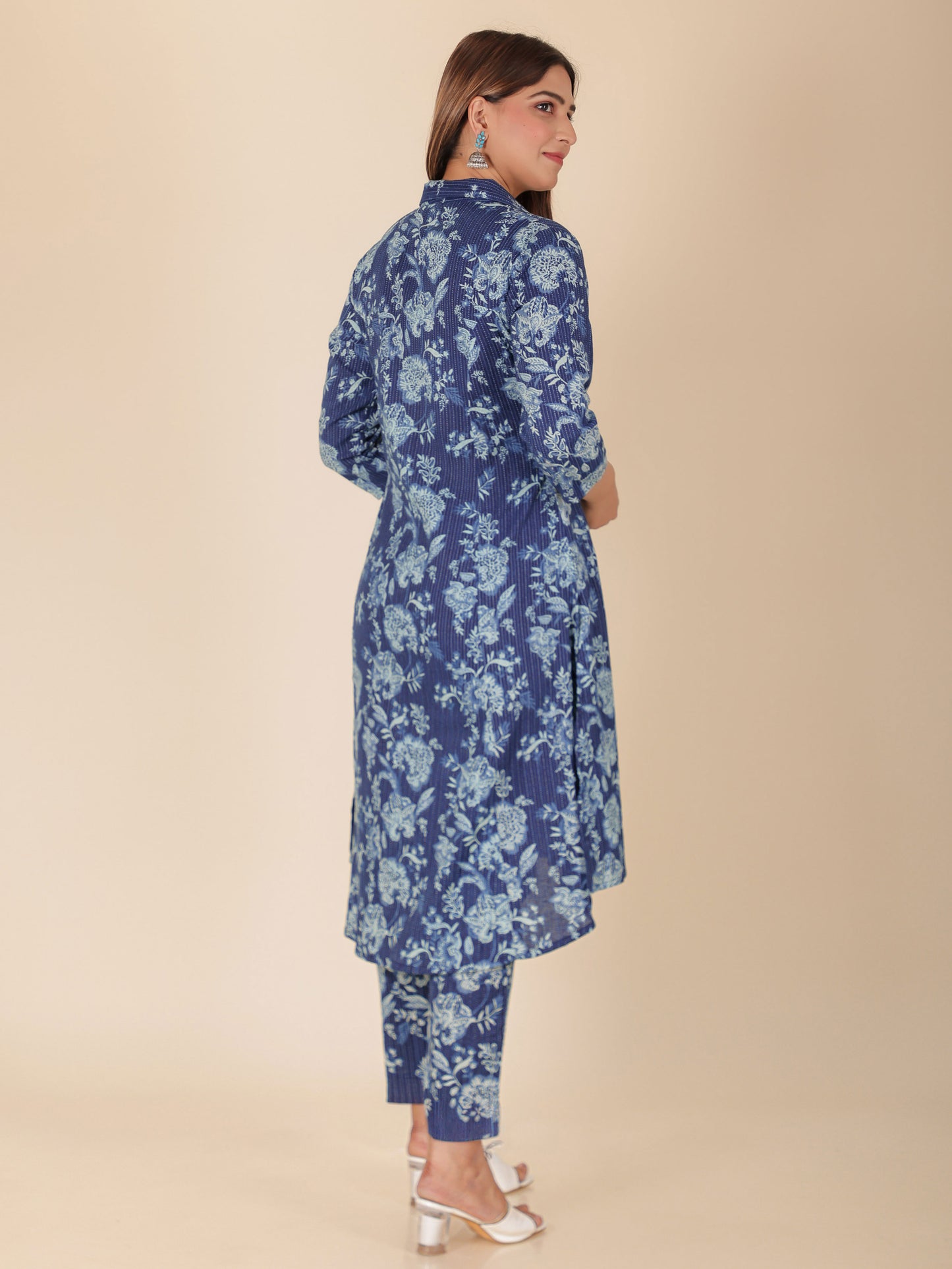 Kantha Cotton Floral High Low Blue Kurta