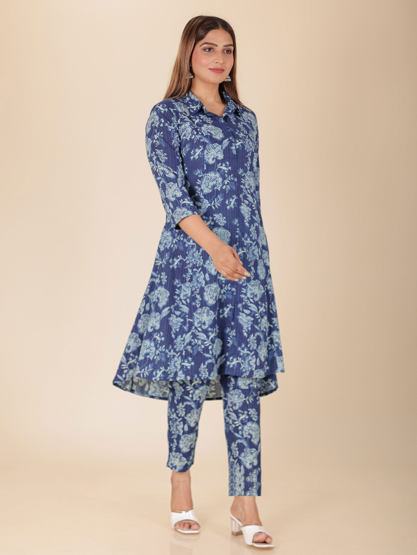 Kantha Cotton Floral High Low Blue Kurta