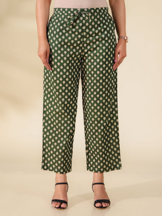 Soft Cotton Block Print Green Straight Trousers
